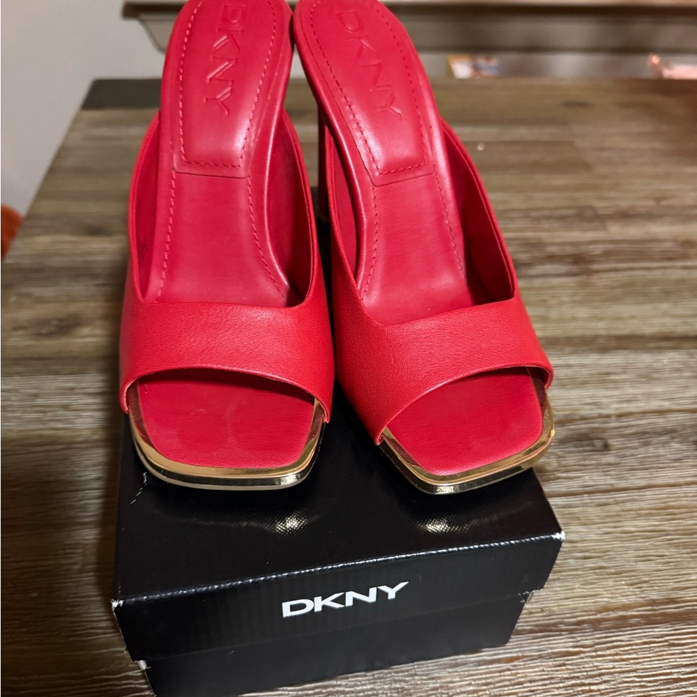 DKNY Red Leather Open-Toe Mules with Gold Trim